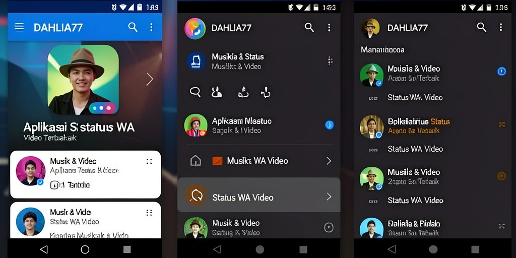 Tampilan antarmuka aplikasi DAHLIA77 dengan fungsi Status WA Video.