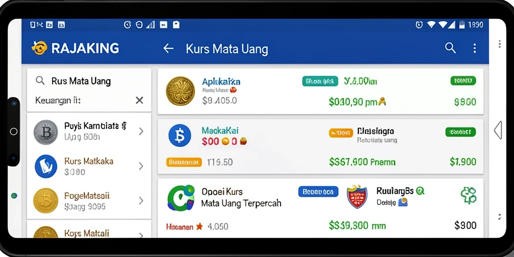 Tampilan antarmuka aplikasi RAJAKING untuk kurs mata uang.
